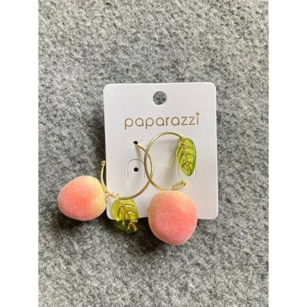 Pink Fuzzy Peach Earrings with Green Leaf Charm – Cute Fruit Hoop Jewelry‎ new